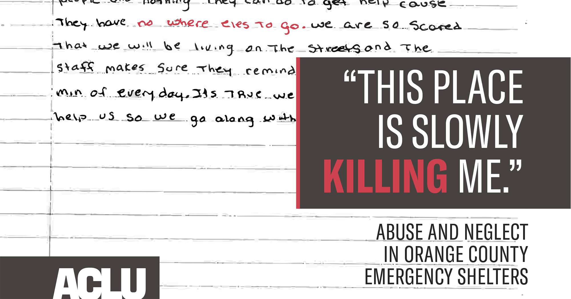 A handwritten page of somebody's journal, with title text that reads: "This Place is Slowly Killing Me: Abuse and Neglect in Orange County Emergency Shelters" 