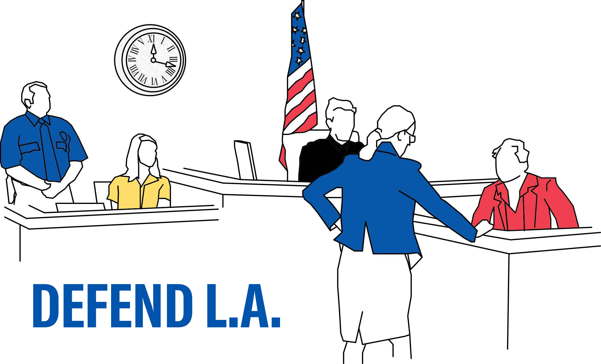 Defend LA - sketch of people in a courtroom, including a judge, a defendant, an attorney, a bailiff, and a court reporter