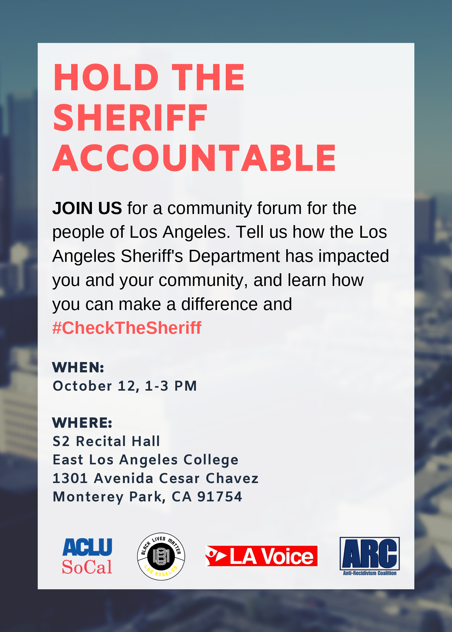 Hold the Sheriff Accountable! Join us at ELAC on Oct. 12 at the Check the Sheriff Community Forum