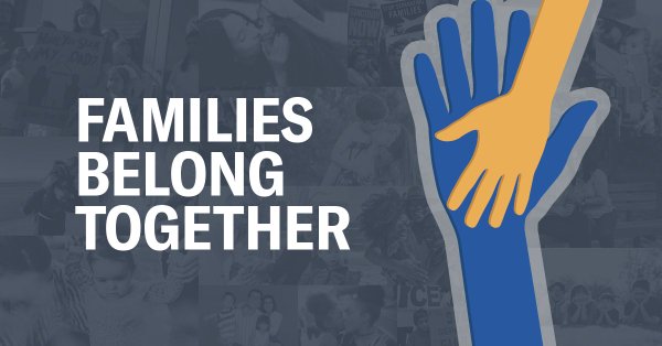 Families Belong Together. Illustration of a larger hand and a smaller hand touching.