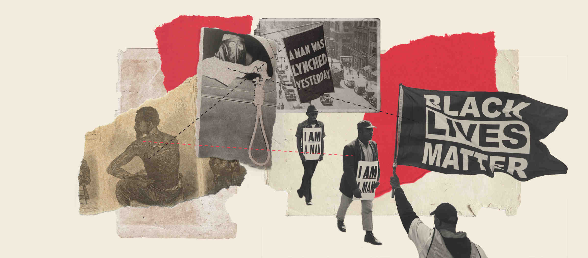 Illustration of a Black man who is a slave, a man in KKK dress holding a rope for lynching, a banner that reads: "A man was lynched yesterday", a Black man with a sign that reads: "I am a man," and a man holding a flag that reads: "Black Lives Matter" 