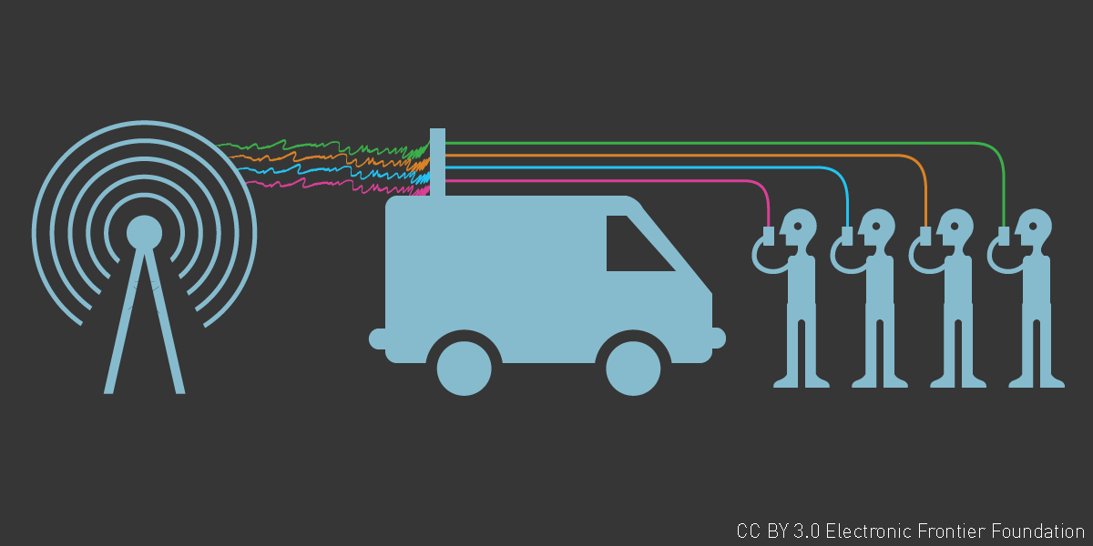 Illustration of how stingrays work, with tower, truck, four people holding cell phones