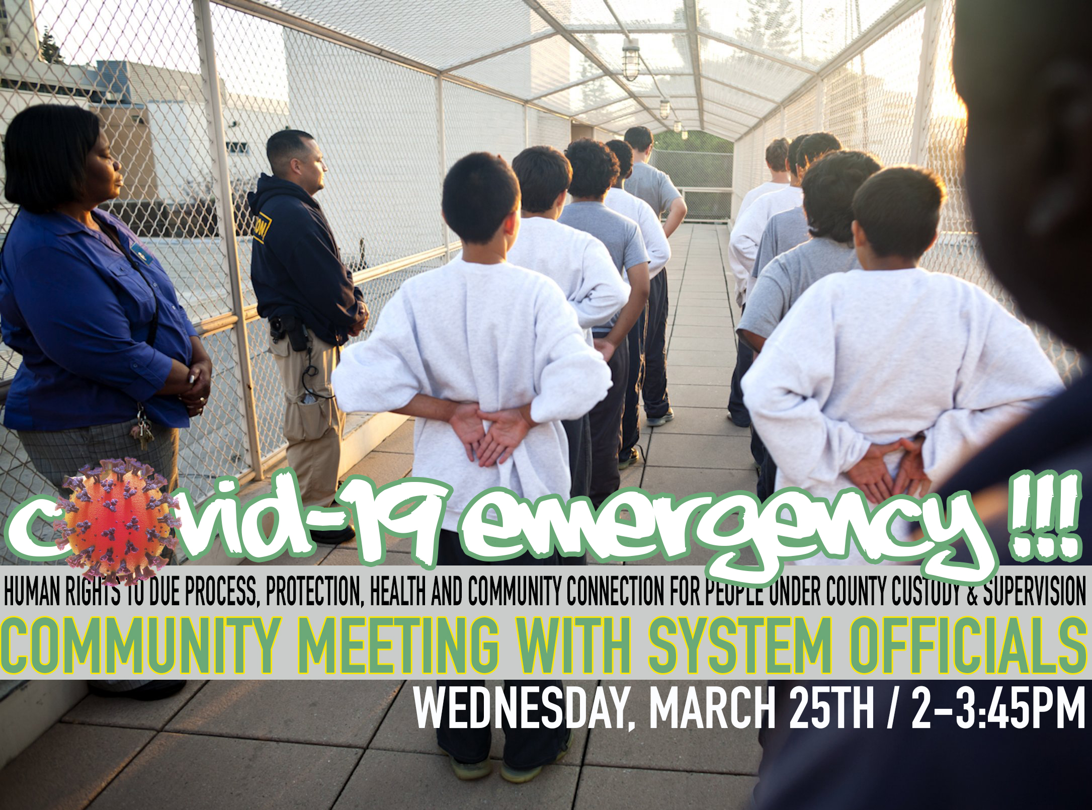 Image of young men in a juvenile hall courtyard, lined with their hands behind their backs. Text: Covid-19 emergency