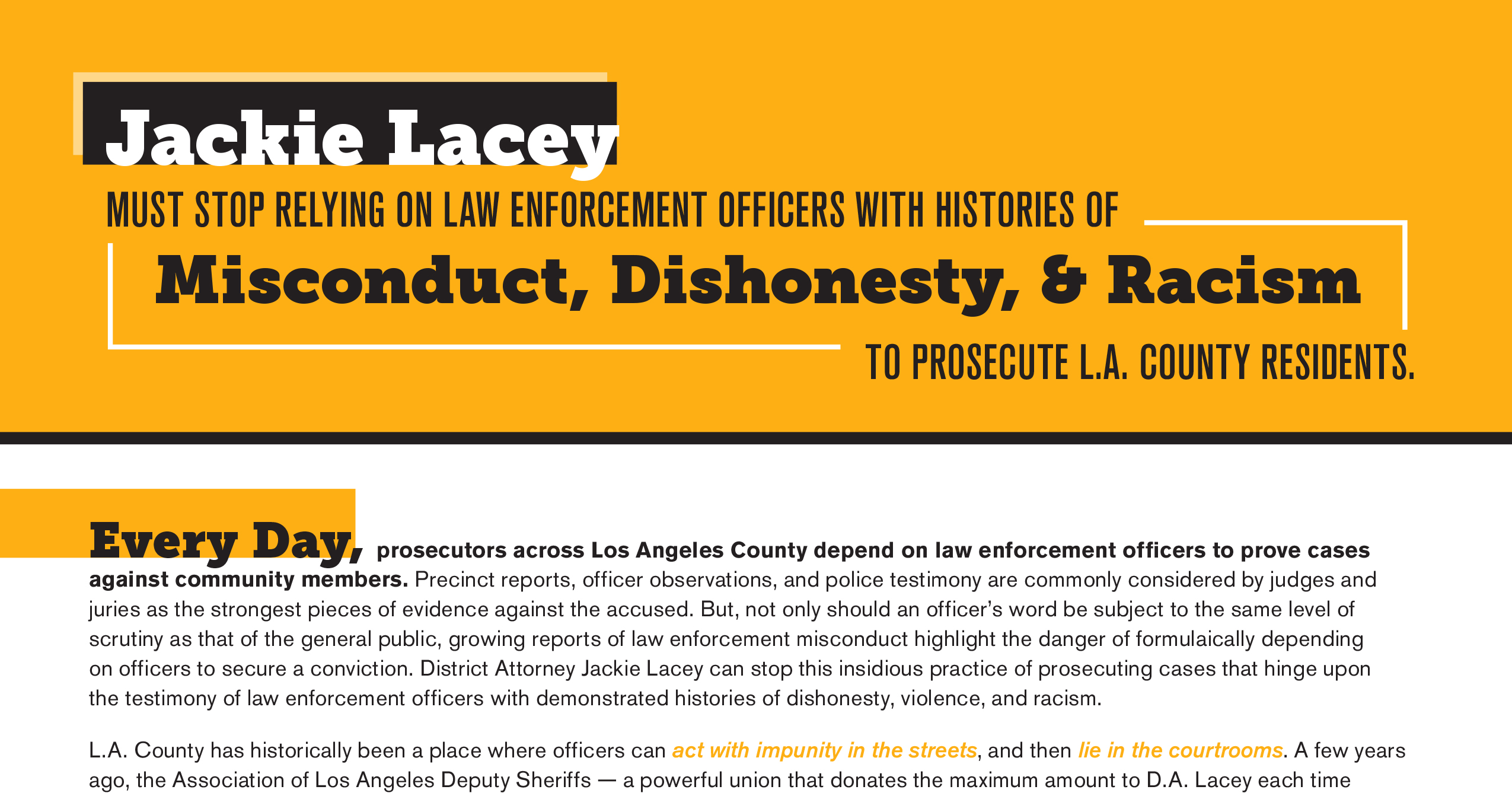 Open Letter: Jackie Lacey Must Stop Relying on Law Enforcement Officers with Histories of Misconduct, Dishonesty, & Racism to Prosecute L.A. County Residents